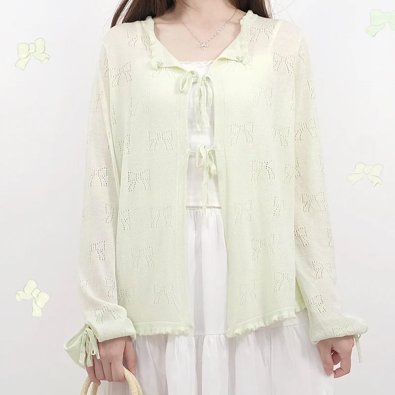 Cardigans de malha fofos femininos verão manga longa formato de arco oco rendas até tops soltos para meninas doces roupas kawaii