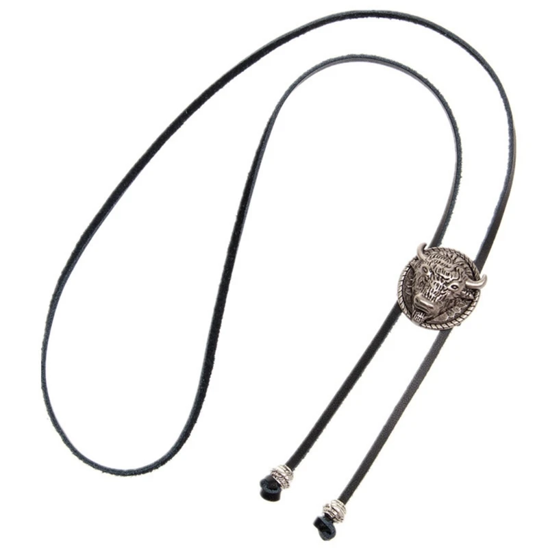 Western Vintage Bolo Stropdas voor Mannen Koe Schedel Ontwerpen Cowboy Stropdas Zwart Lederen Bolo Stropdas Ketting Cowboy