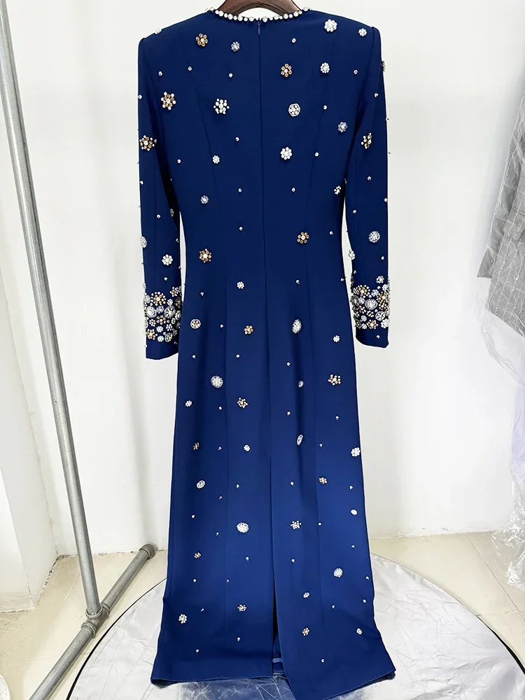 HIGH STREET Newest Fashion 2026 Designer Party Vestido Women\'s Formal Long Sleeve Luxurious Beaded Long Maxi Dress