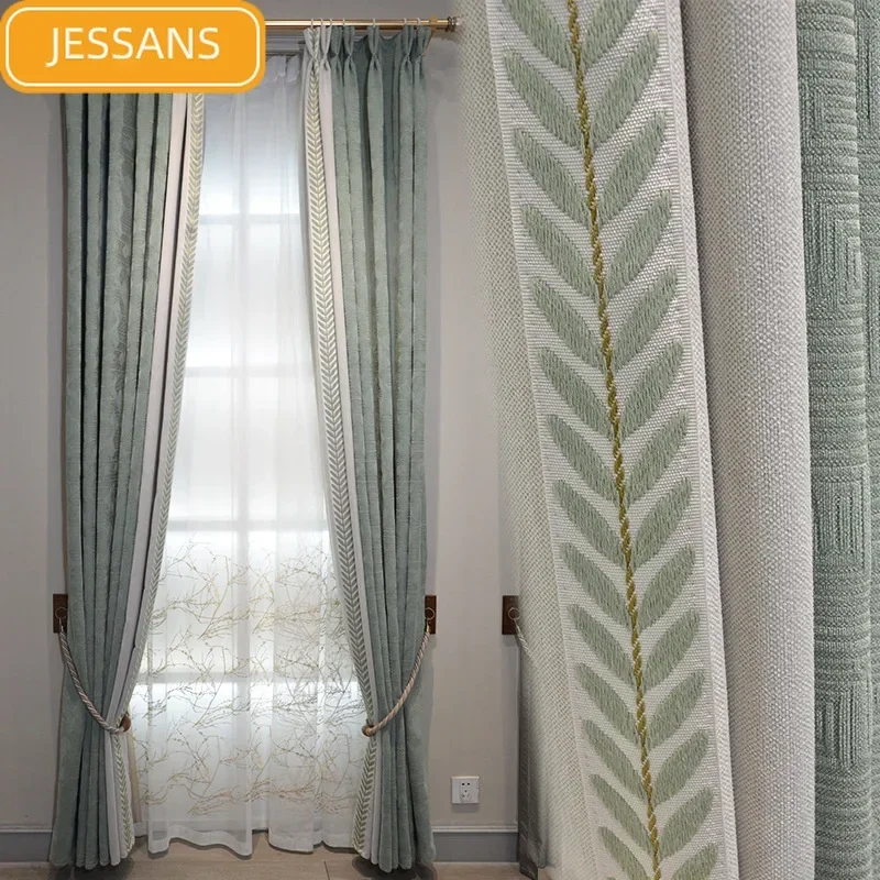 

Customized Green Irregular Jacquard Chenille Patched Curtains for Living Room Bedroom French Balcony Floating Window Finished