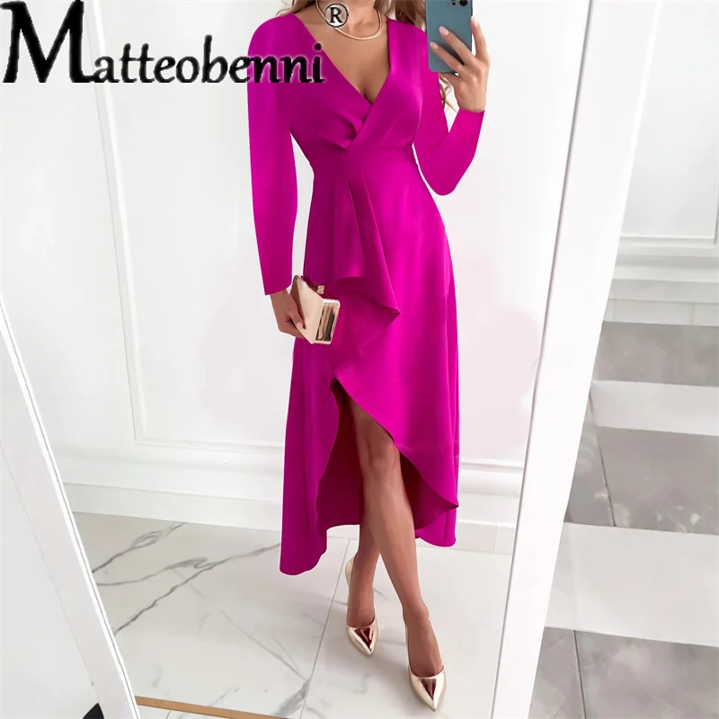 فستان نسائي أنيق فستان ثنيات سادة على شكل حرف v وأكمام طويلة للحفلات المسائية والمكتب سيدة بأكمام طويلة فستان غير رسمي مطوي سبليت 2025 #1