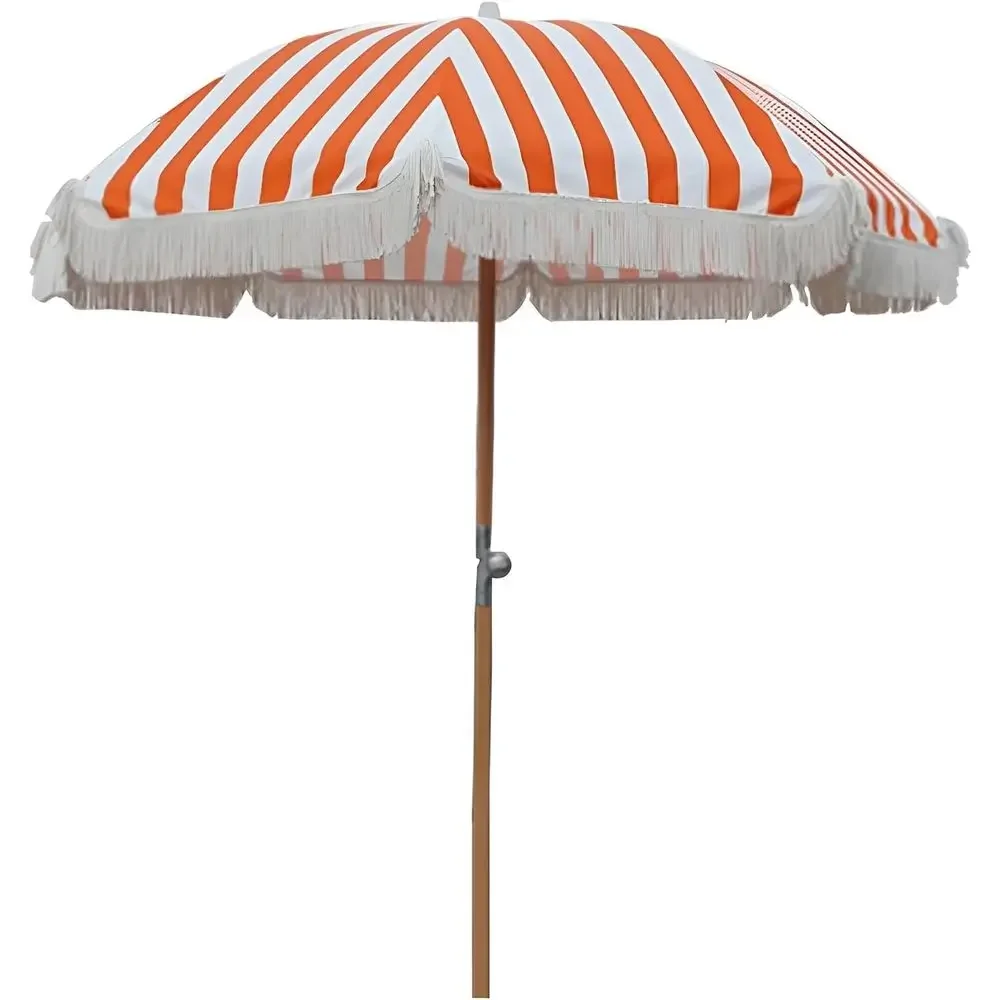 7-Foot Orange Striped Outdoor Patio Umbrella with Tassel, UPF 50+ Sunshade, Portable for Beach, Balcony, Deck, Garden