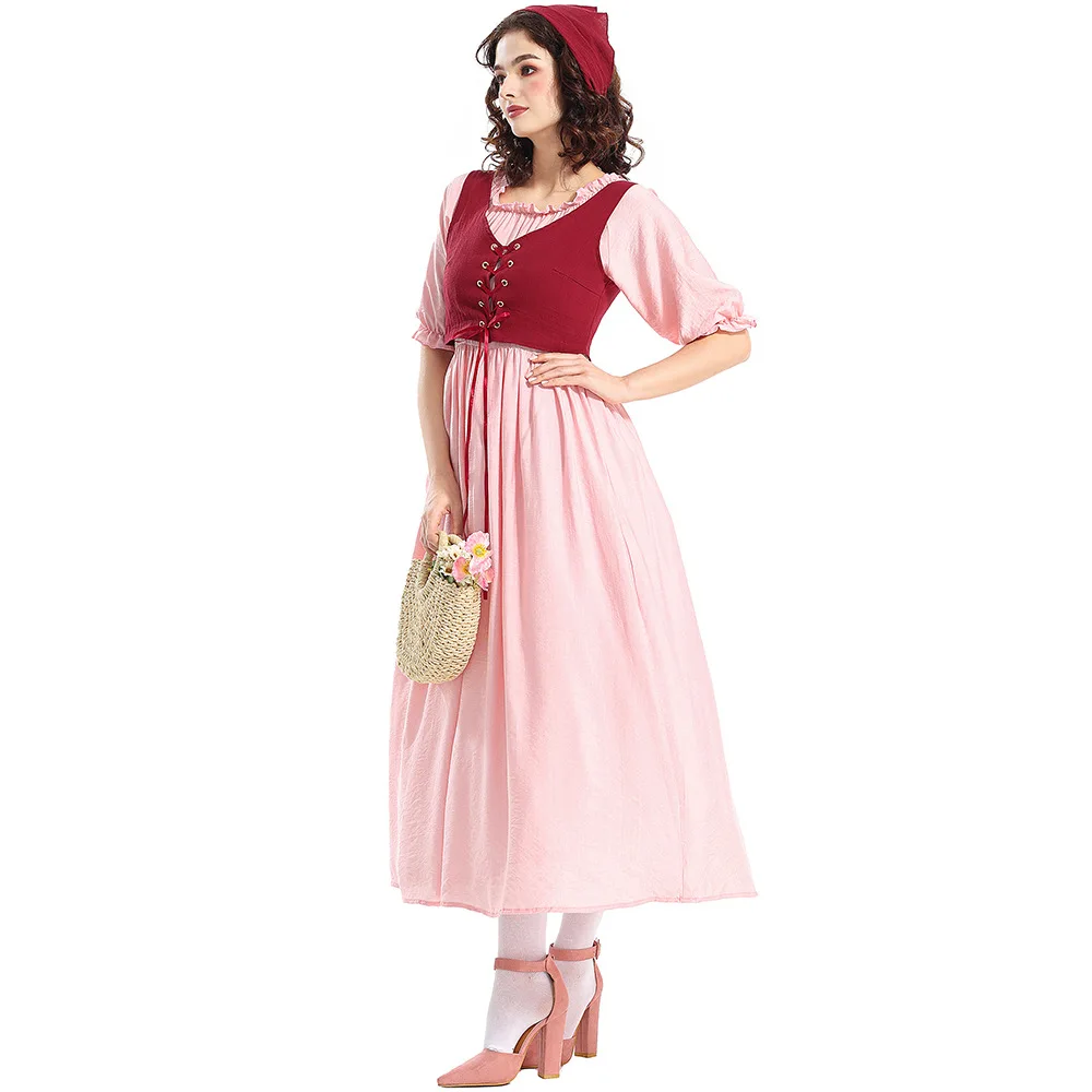 Rosa Retro-Halloween-Kostümkleid mit mittellangen Ärmeln, Renaissance-viktorianische mittelalterliche Kleidung für Partys und Themenveranstaltungen
