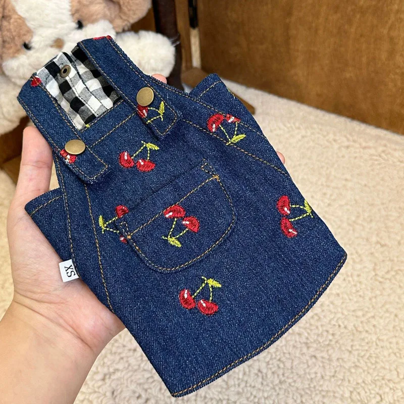 Blue Denim Dog Dress Cherry Pattern Dog Clothes Cowboy Strap Skirt Puppy Coat Dresses For Small Dogs Chihuahua Pet Apparel XS-XL