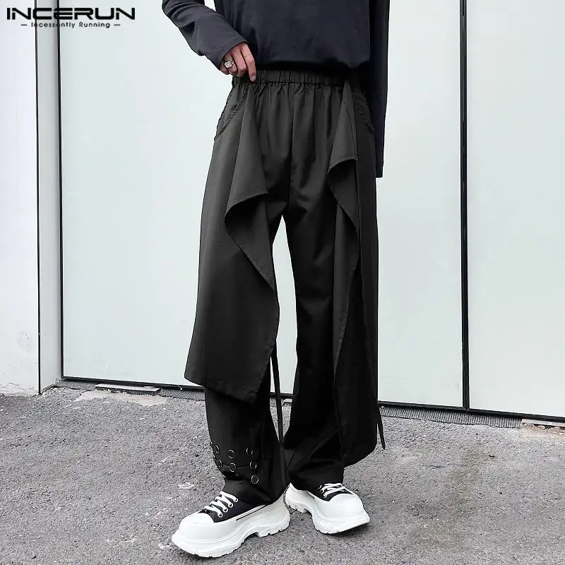 

INCERUN 2024 Korean Style Trousers Mens Personality Button Pantalons Fashion Lace up Fake Two Piece Double Layer Hem Pants S-5XL