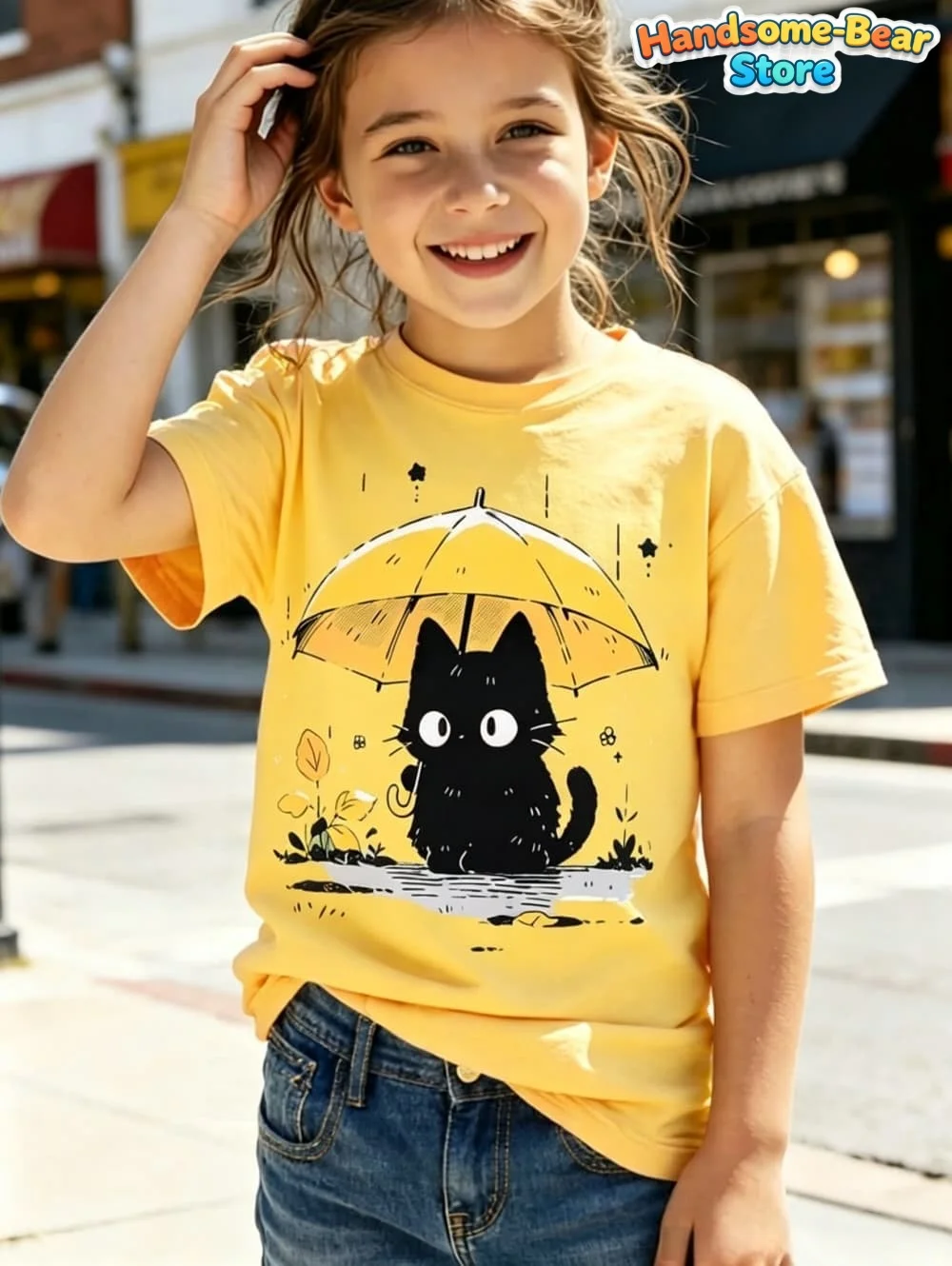 T-Shirt for Girls Cute Cat Umbrella 3D Print Girl Short-Sleeve Top Cartoon Cat Summer Clothes Child T-Shirt Children's Clothing