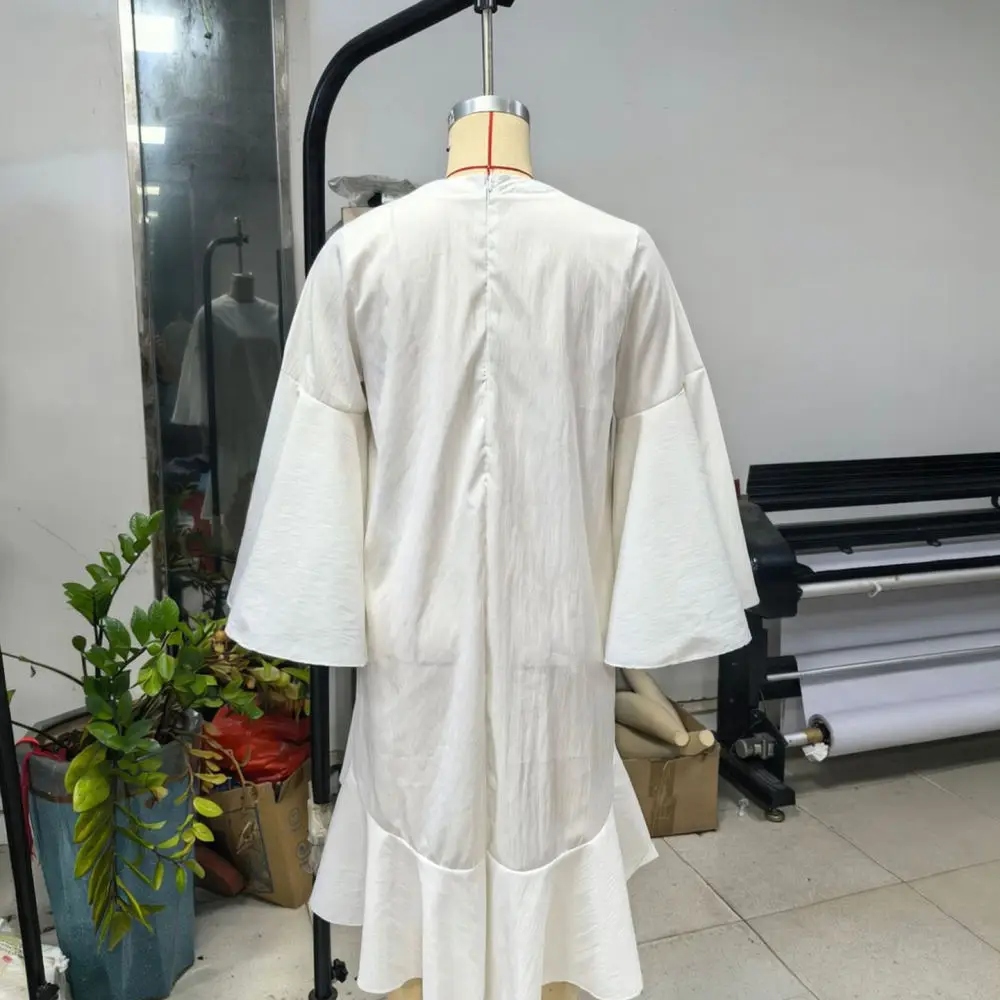 Elegant Loose Chiffon Dress Women O Neck Bell Sleeve Ruffle Asymmetric Hem Casual Daily Party Wedding Summer Apparel
