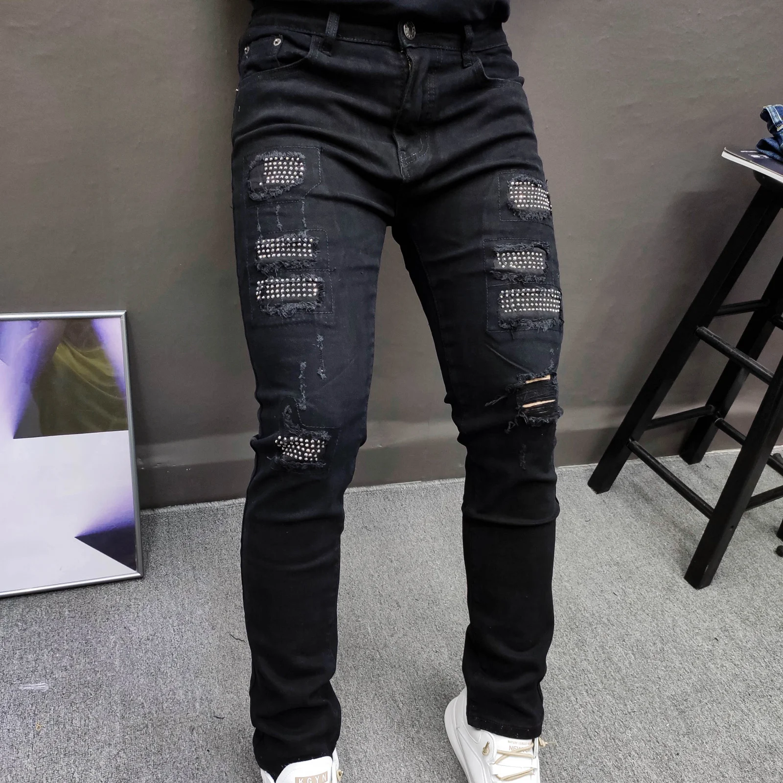 Fashion European Casual Trendy Men Trousers 2022 New Men Black Denim Autumn Men Jean Brand Personality Rhinestones Designer Jean