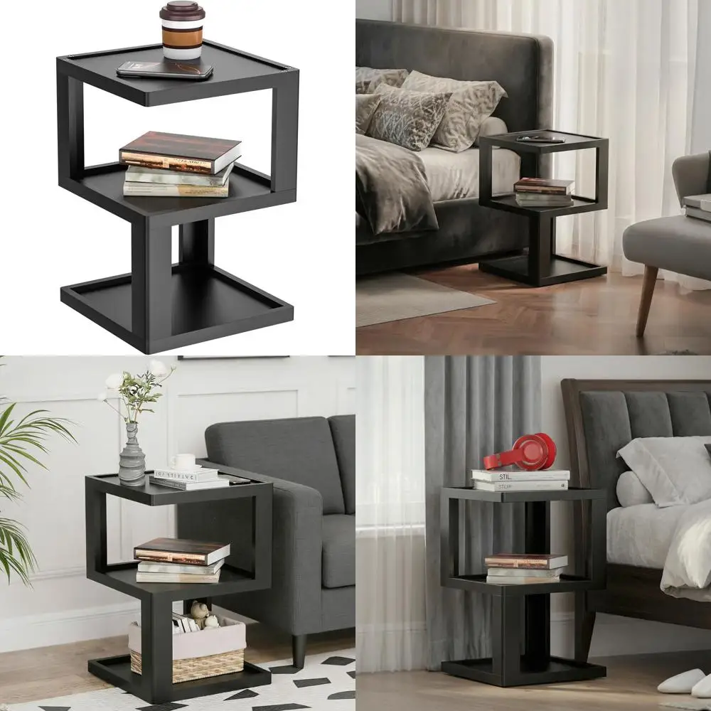 Compact Wooden Side Table for Living Room, Multi-Tiered Nightstand for Bedroom and Home Office