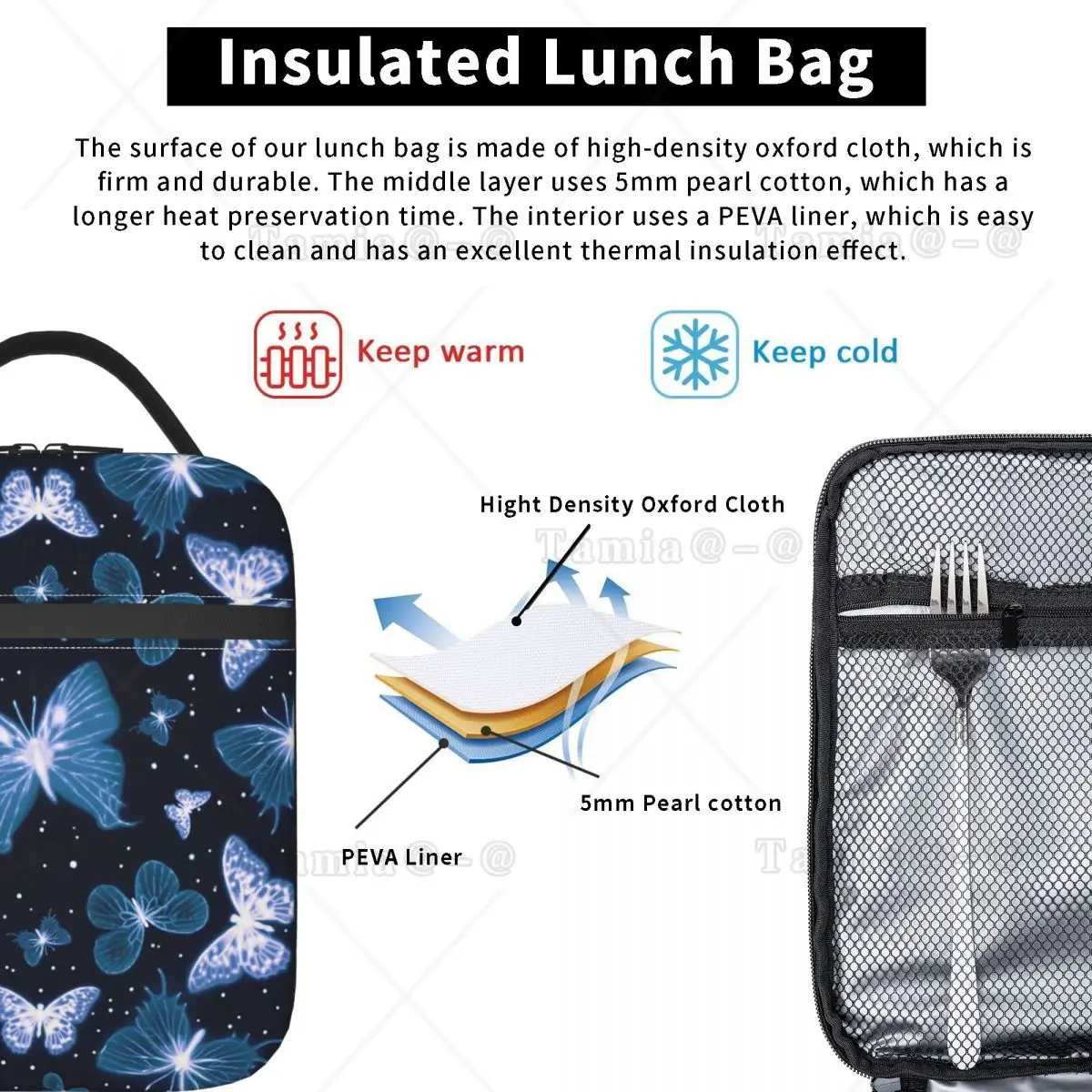 Blue Butterfly Pattern Insulated Lunch Bag for Women Children Portable Food Boxes Thermal Lunch Box Tote