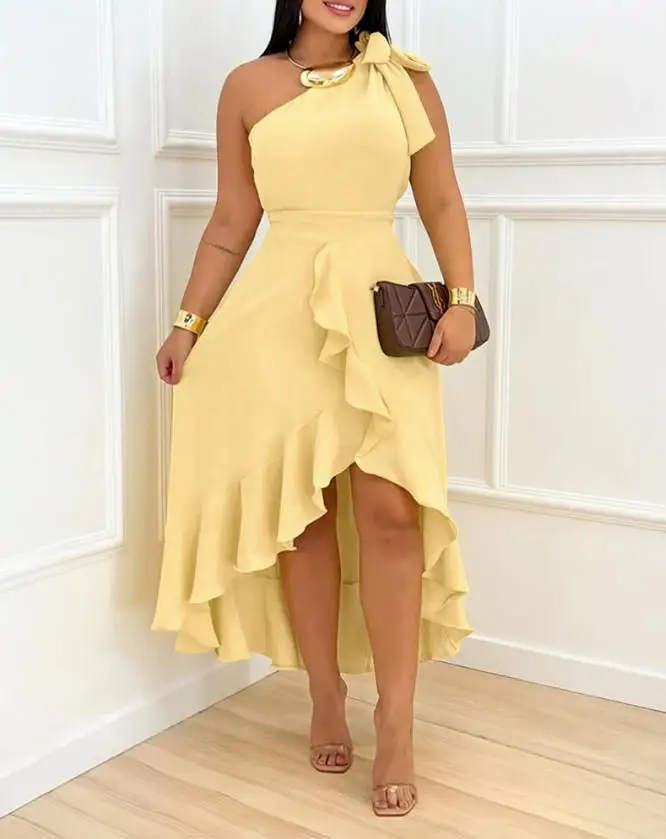 

New Fresh Sweet Elegant Style Solid Color Sloping Collar Single Shoulder Design Ruffle Edge Splicing Irregular Women's Dress