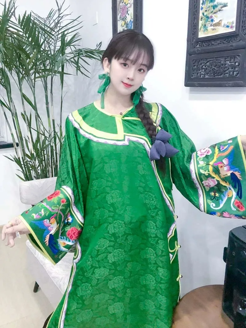 

Handmade Embroidery Gown Spring Summer Vintage een Long Sve round Ne Mid-Length Loose Fit Traditional Chines...