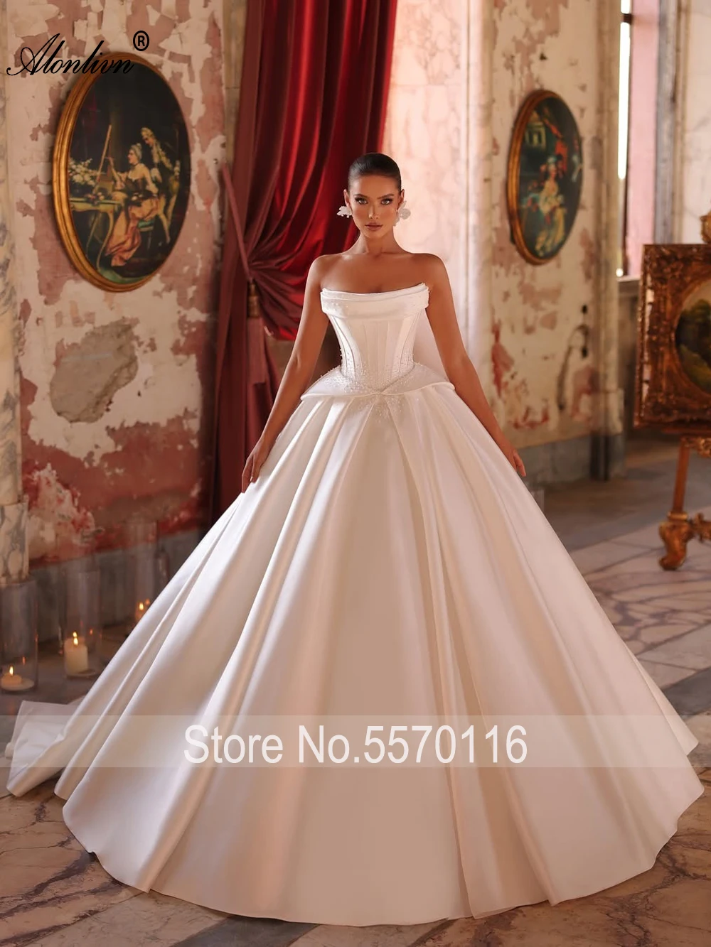 Alonlivn مخصص حساسة مطرز اللؤلؤ الكرة ثوب الزفاف قبالة الكتف أكمام قارب الرقبة أثواب الزفاف