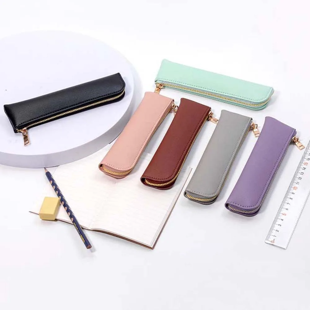 Storage Pouch PU Leather Pencil Case Desktop Storage Makeup Brush Leather Stationery Bag Desk Accessories Korean Style