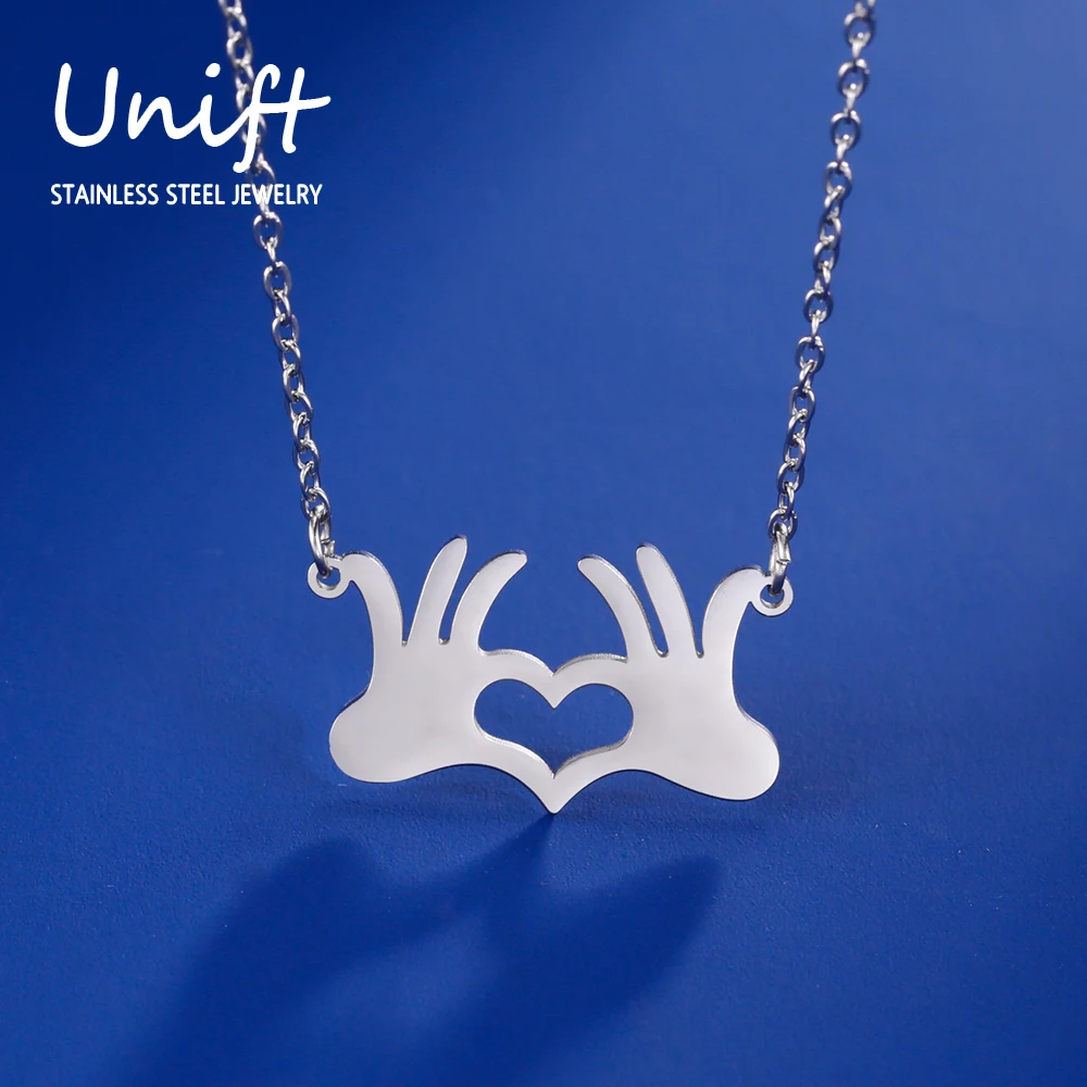 Unift Hand Gesture Heart Necklace Stainless Steel Statement Emoji Pendant Women Girl Fashion Creative Jewelry Friend BFF Gift