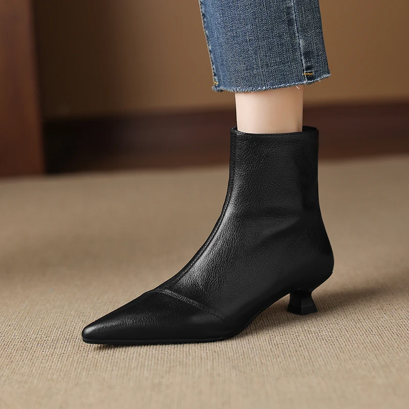 2026new autumn winter women ankle boots natural leather plus size 22-26cm sheepskin pointed toe kitten heel side zip short boots