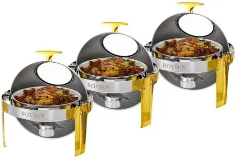 

Rovsun 6 Quart 3 Packs Round Chafing Dish Buffet Set Gold Accent, Stainless Steel Roll Top Chafer For Catering, Food Warmer