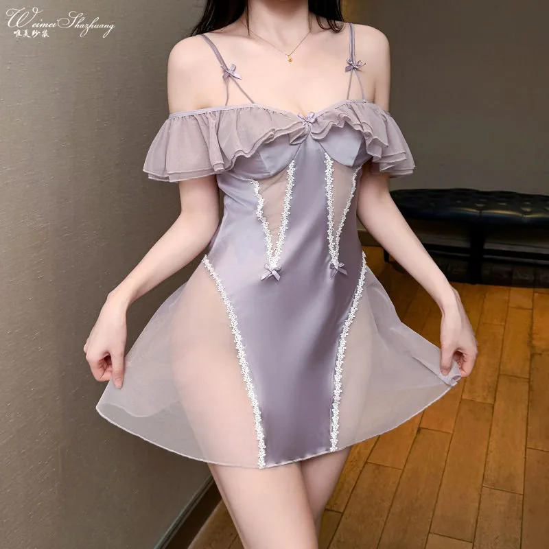 Elegant Satin Mesh Side Hollow Temptation Sexy Nightdress Lace Trim Bow Decoration Pure Desire Nightdress