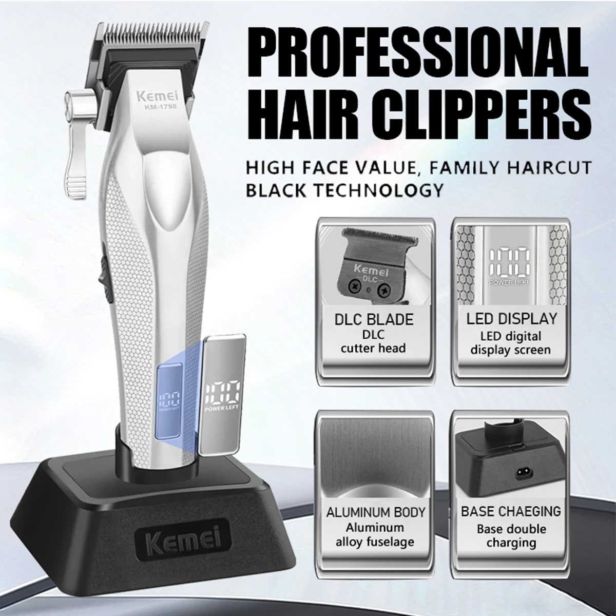 

Kemei KM-1798 Профессиональная мужская машинка для стрижки волос DLC Blade Цельнометаллическая машина для стрижки волос Триммер для волос Машинка для стрижки Парикмахерская