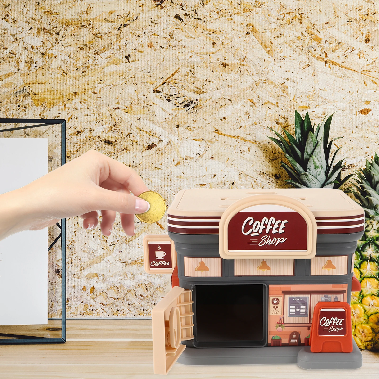 

Cafe Themed Piggy Bank Large Capacity Plastic Money Savings Box Smooth Surface Coin Container Unique Design Home Decor