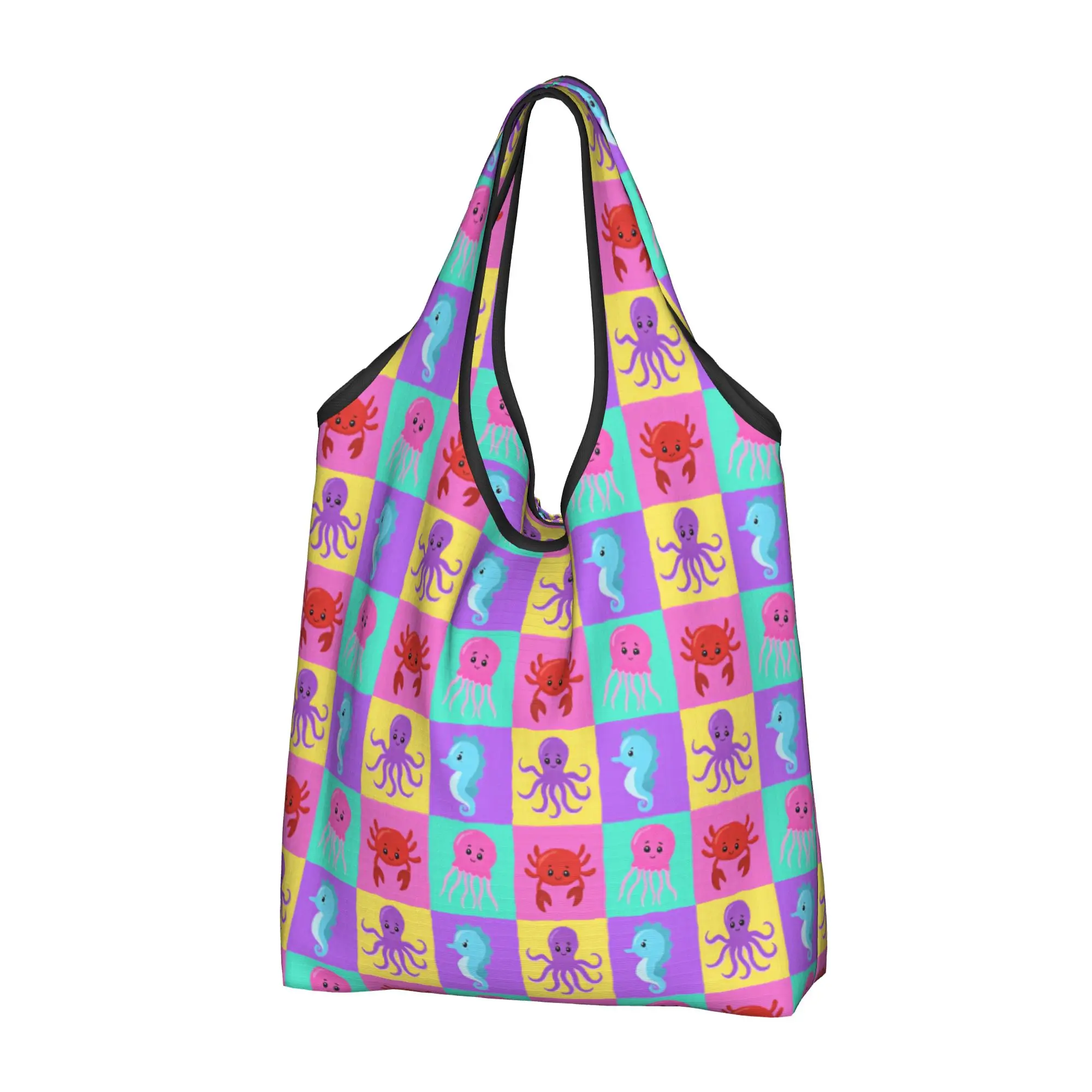 Marine Life Octopus Seahorse Groceries Shopping Tote Bag Women Cute Crab Jelly Fish Shoulder Shopper Bag Large Capacity Handbag