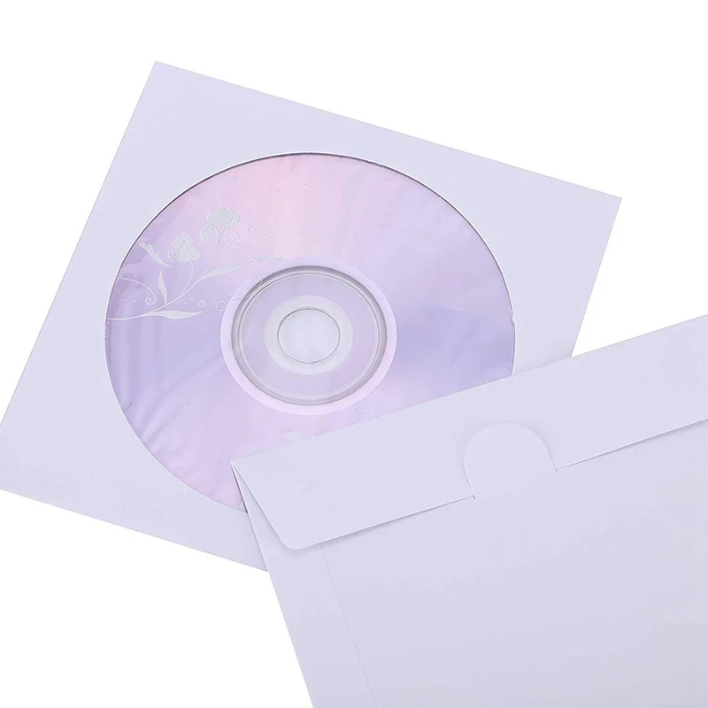 CD DVD Sleeves, DVD CD Media Paper Envelop Sleeves Holder With Clear Window Close Flap White, Pack Of 100 Promotion