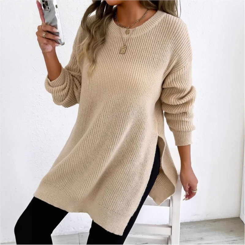 

Solid Color Autumn Winter New Top Women's Round Neck Pullover Sweater With Slit Hem Casual Long Sleeves Sweater Pulls Femmes