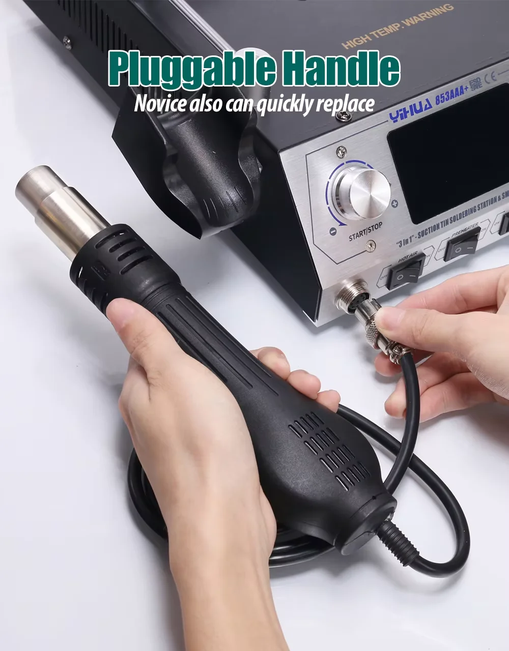

YIHUA 853AAA+ 60W Soldering Iron Station with Hot Air Gun and Preheat Plate for Electronics Repair