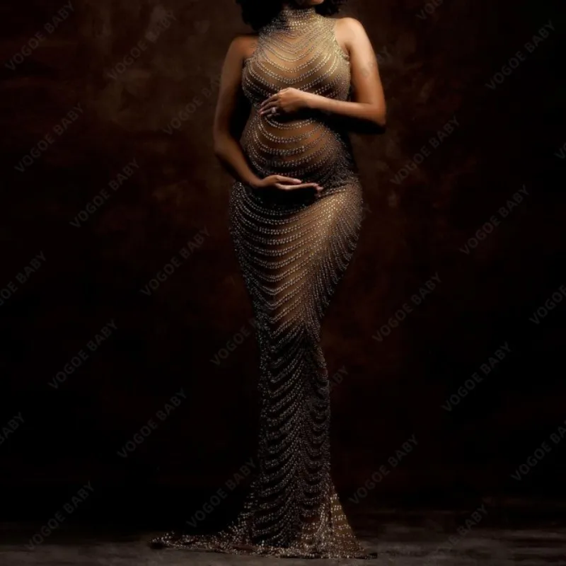 Maternity Photography Gown Baby Shower Dress Sexy Shiny Rhinestone Goddess Bodysuit Pregnant Woman Maternity Dresses Photoshoot