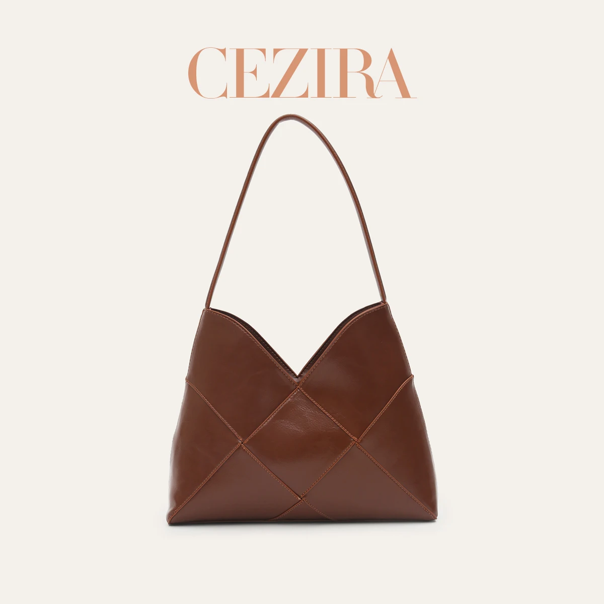 CR Elegant PU Leather Diamond Check Zipper Closure Baguette Shoulder Bag Women Fashion Handbag For Daily Office Casual Travel