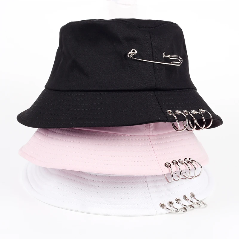 Solid Color iron pin rings personality Bucket Hat cap for unisex women men cotton fishermen caps