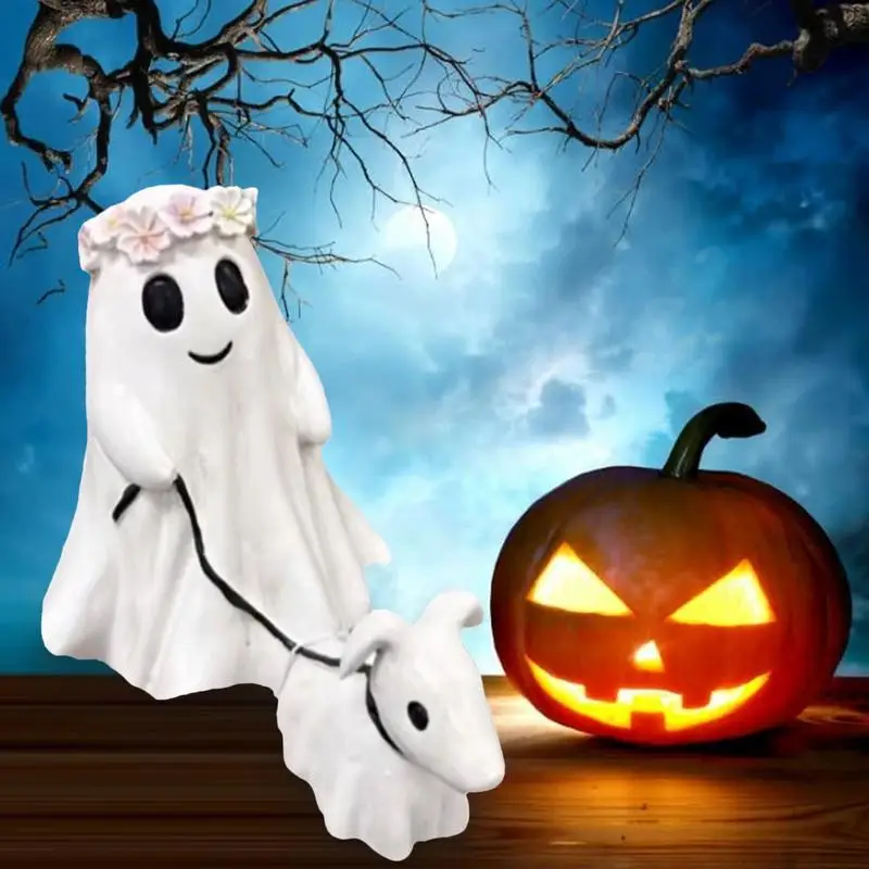 Ghost Walking Dog Statue Cute Ghost Statue Spooky Ghost Dog Halloween Figurine Halloween Creative Desk Decoration Halloween