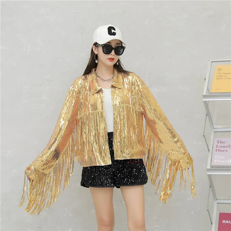 Korean Style Sequin Short Jacket Long Sleeve Fashion Tassel Design Loose Top Club Bar Dance Performance Suit Set Women's Clot...