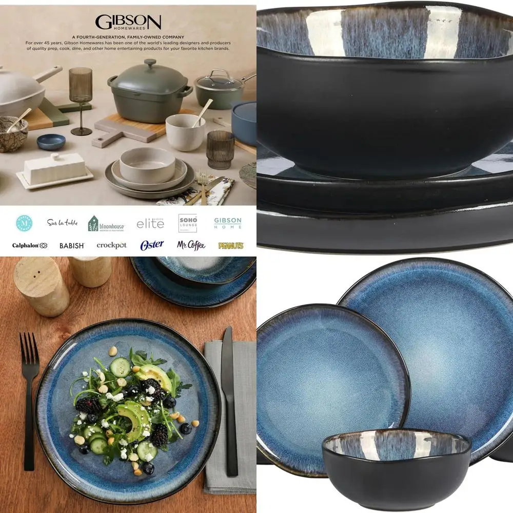 

Nardini 12-Piece Stoneware Ceramic Dinnerware Set, Reactive Glaze, Black & Blue, Service for 4