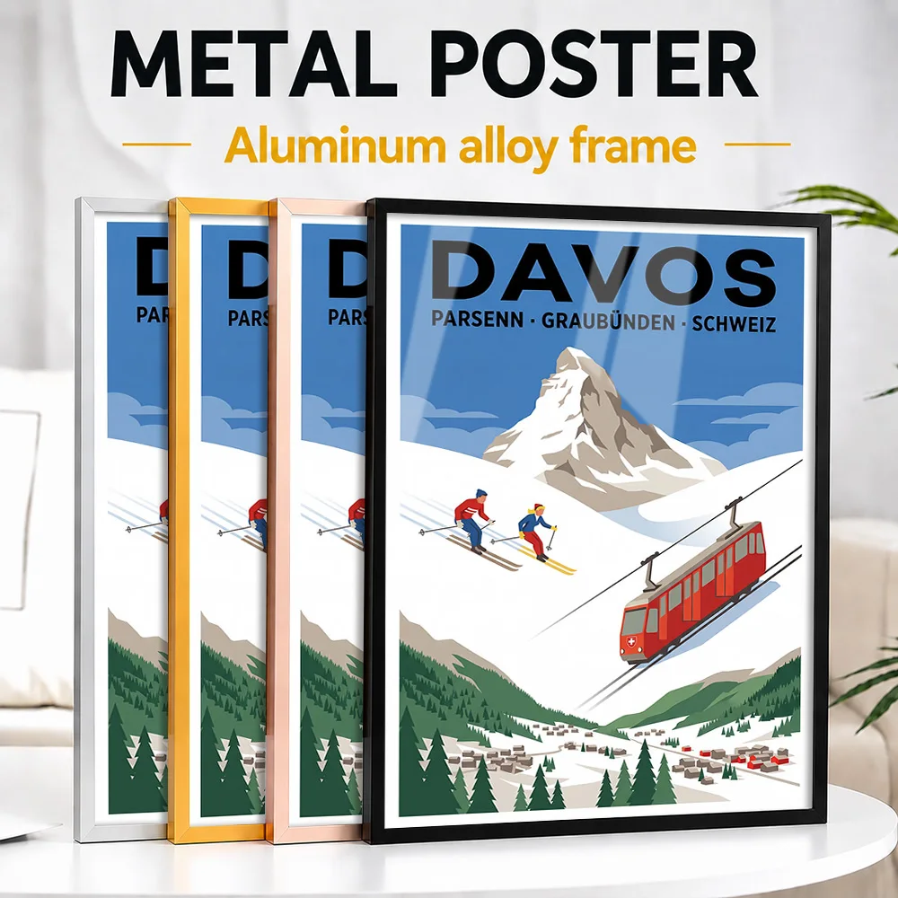 Davos Switzerland Ski Resort Vintage Framed Aluminum Metal Poster Customized Photo Dynamic Winter Style Wall Art For Game Room