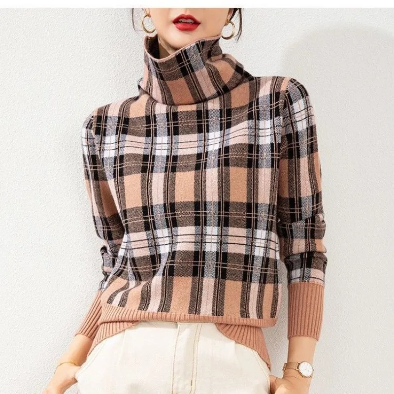 Women\'s Pullover Striped Plaid Knit Autumn and Winter Fashion High Neck Long Sleeved Patchwork Sweater Loose Office Lady Tops