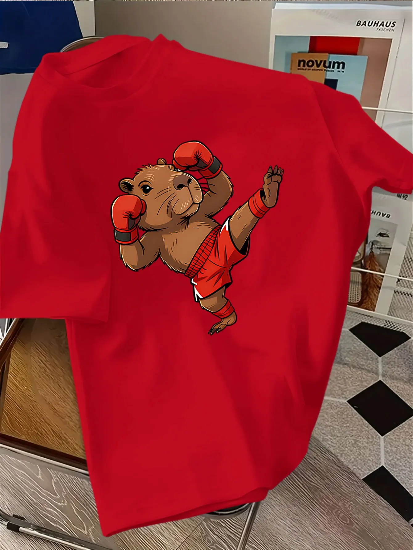 Children's T-shirt Printed with A Capybara Pattern of Kicking with Red Boxing Gloves for Summer Parent-child Fashion Design