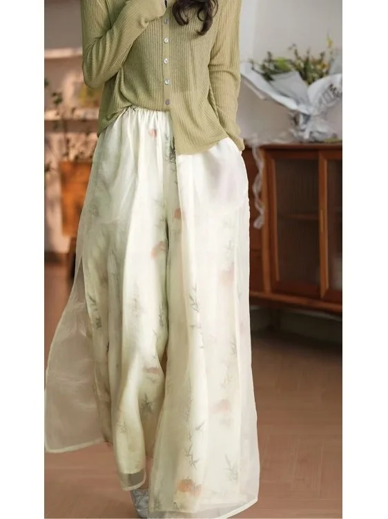 Ele Vintage Damen-Hose mit weitem Bein, bedruckt, Kaltton, Blumenmuster, Schneefee, Aosphere, hohe Taille, gerader Schnitt, Freizeithose