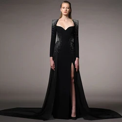 Black Evening Dress Exquisite Spandex Rhinestone Front Fork Bespoke Occasion Gown A-line Square Neck Women's Evening Gowns 2024