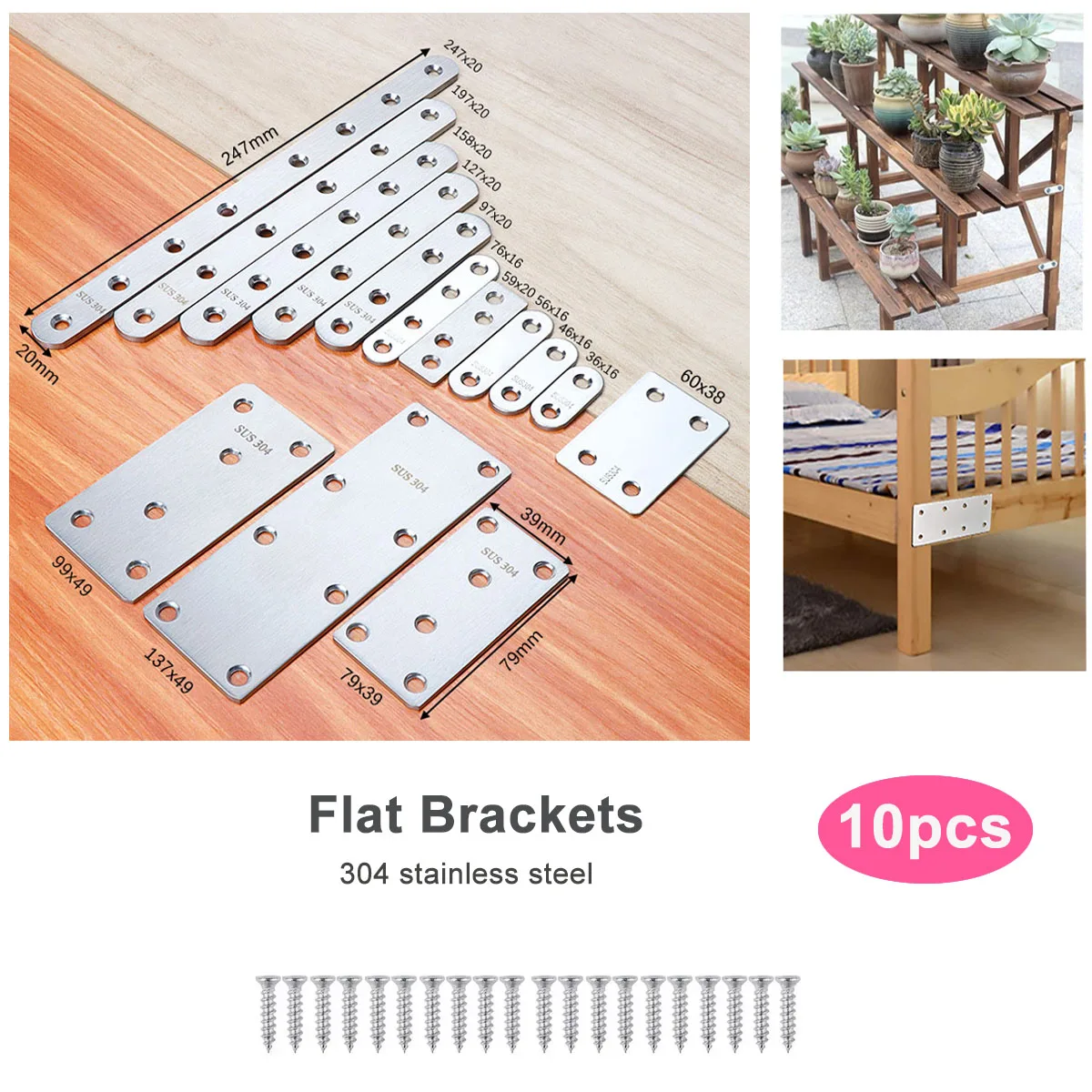 304 Stainless Steel Flat Brackets For Wood Furniture Metal Straight Brackets 10pcs Repairing Mending Plate Brackets With Screws