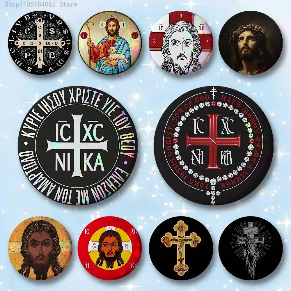 

Orthodox Jesus Icon Enamel Pin Tinplate Round Brooch Cosplay Nijigen Otaku Culture Badges 58mm 44mm 32mm 75mm 25mm