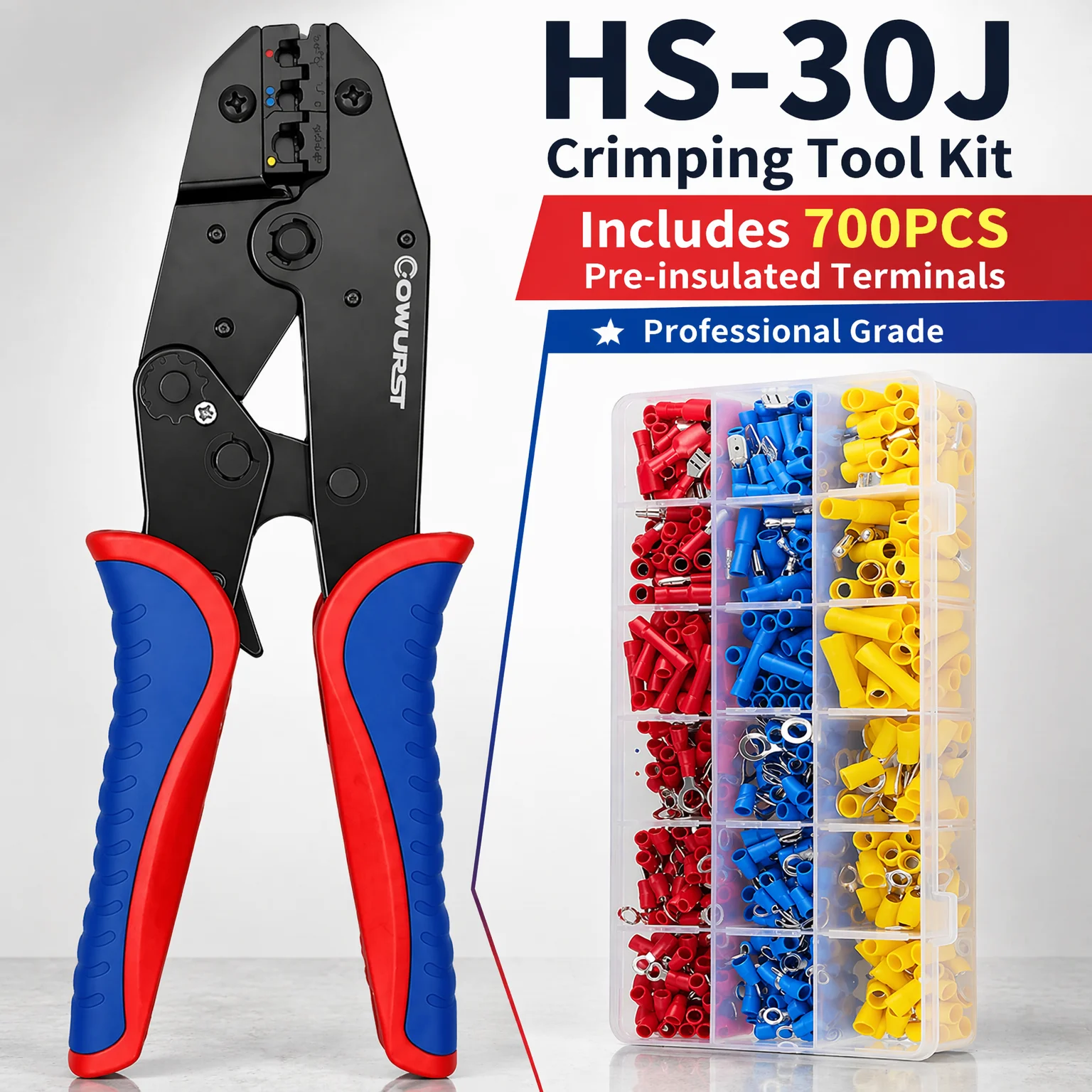 HS-30J Crimptangset 700 stuks geïsoleerde aansluitklemmen 0,5-6mm² AWG22-10 koudpers-krimptang voor auto-elektrische bedrading