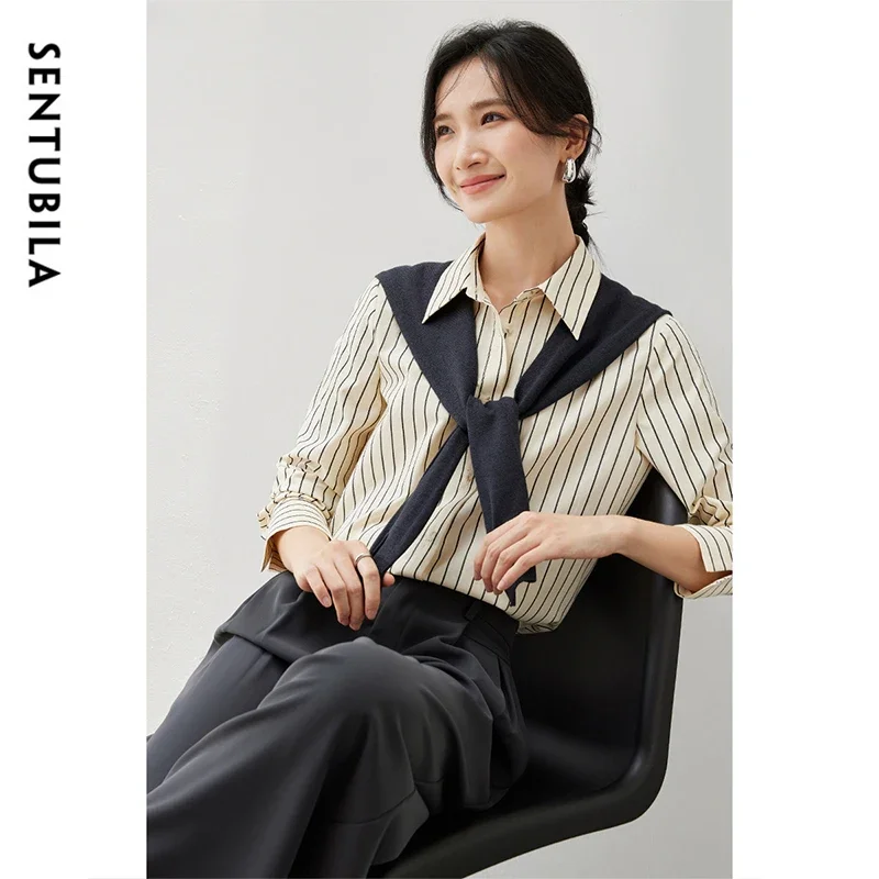 

SENTUBILA Fashion 2 Piece Sets Women 2025 Winter Casual Striped Shirt Wool Knit Shawl Comfort New A Matching Set 143C56803