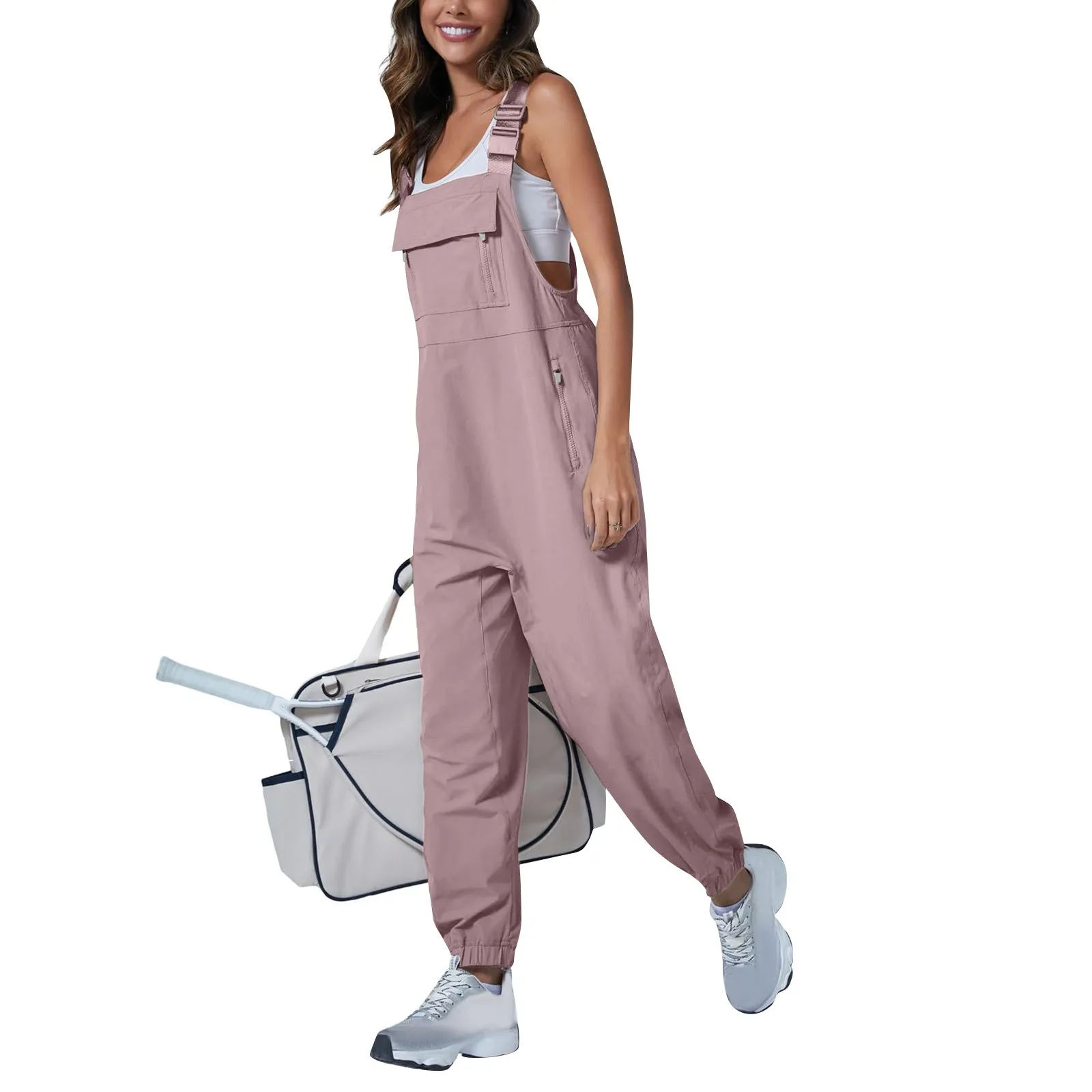 

Women's Sleeveless Overalls Jumpsuit Casual Loose Adjustable Straps Bib Long Pant Jumpsuits With Pockets Women Rompers