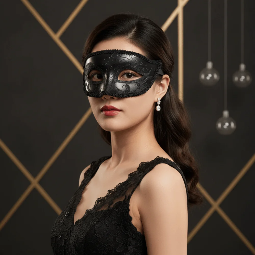 Half Face Cut Masquerade Eye Mask Rhinestone Embedded Ribbon Tie Closure Mardi Gras Eyewear Glossy Finished Soft Feather Accent