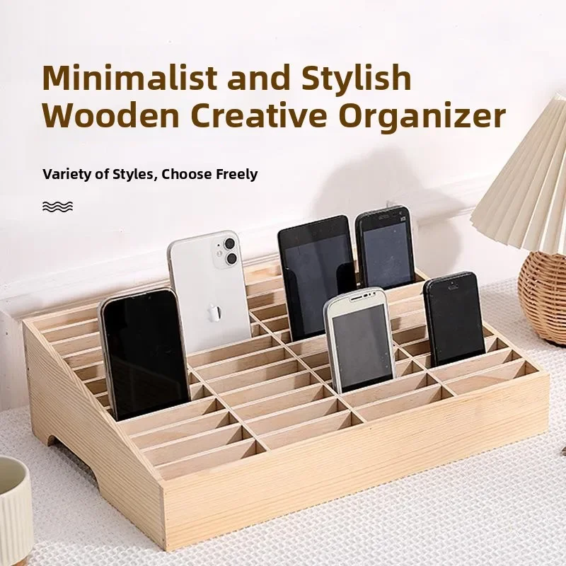 Classroom Desktop Phone Storage Box Multi-grid Office Meeting Place Holder Organizer Box Linbebe X702 Simple Style Wooden