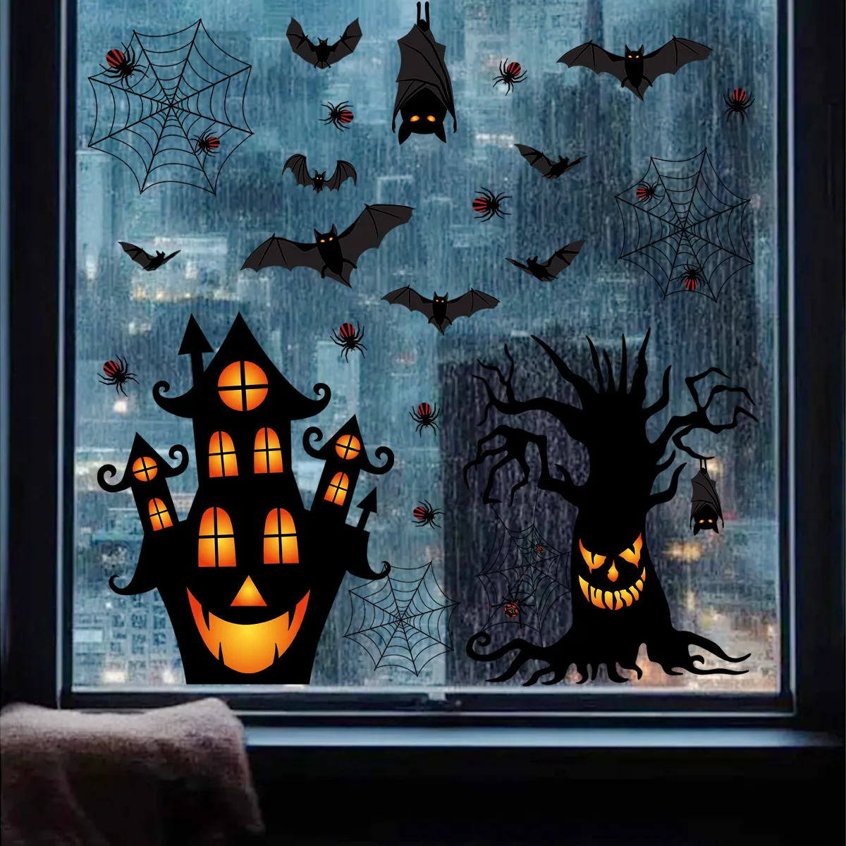 Halloween tree ghost house bat static sticker, adhesive free and removable, suitable for living room glass decoration