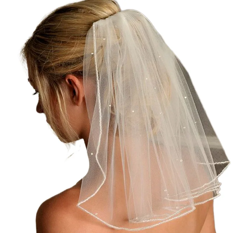 Velo da sposa con perline bianche, velo lungo spalla con bordo arrotolato a uno strato adatto per accessori per palline da sposa da donna