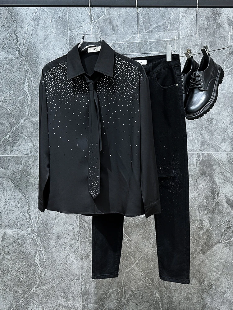 

Faionable Long Sve Diamond Studded Tie irt Men's Nightclub Sle Casual irt Spring Season Chinese Brand Youth Trend