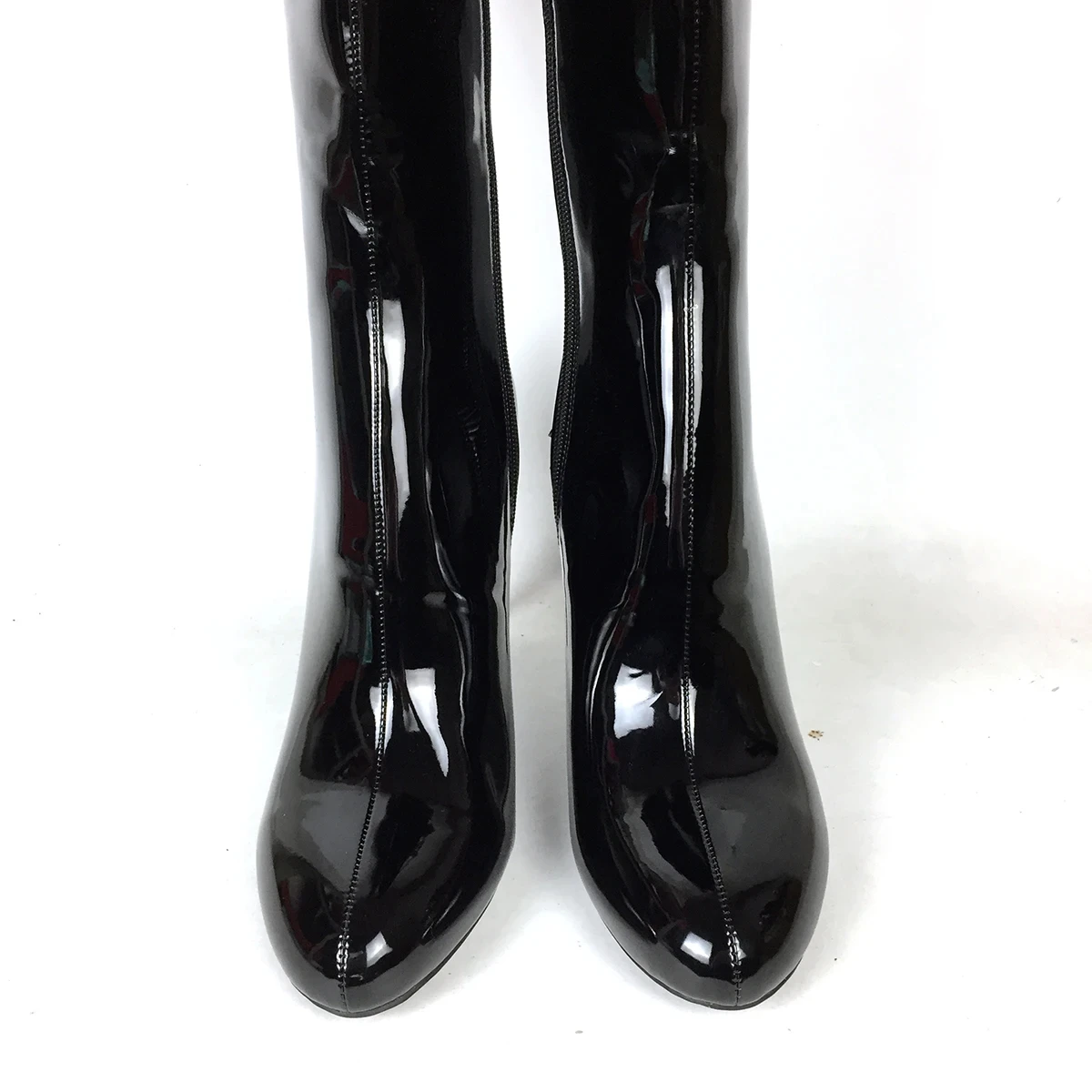 Winter Women\'s Knee High Boots Round Toe High Heels Shoes Customized Zipper Black Hard Patent Leather Ladies Female Footwear